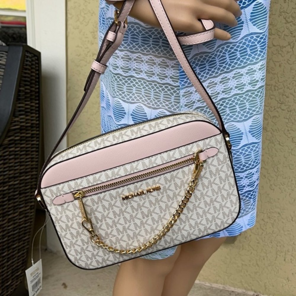 Michael Kors Jet Set Item Large East West Zip Chain Crossbody Powder Blush Multi - Picture 16 of 16